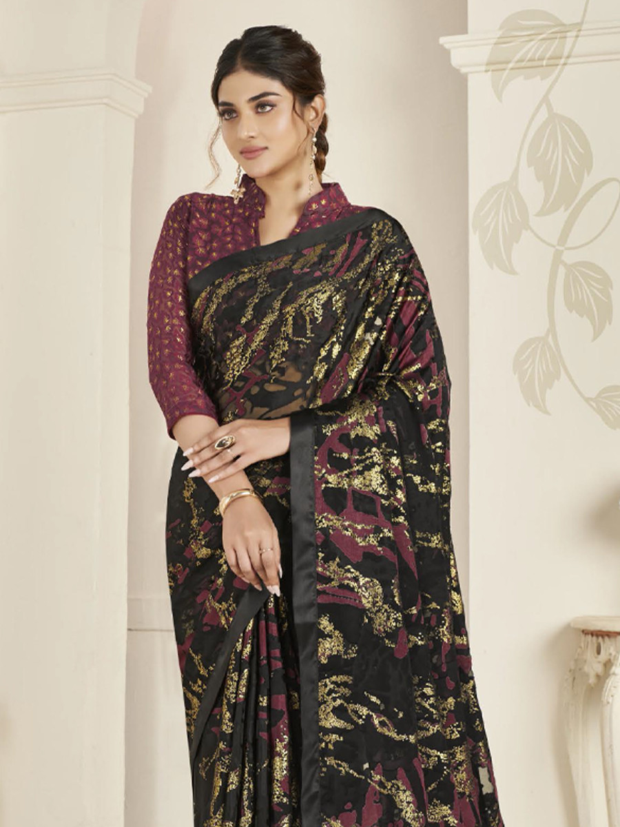 Black Organza Printed Festival Casual Contemporary Saree