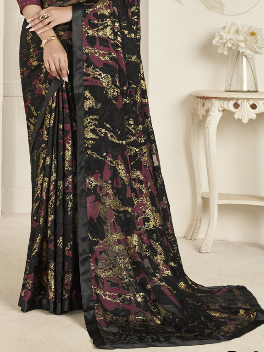 Black Organza Printed Festival Casual Contemporary Saree