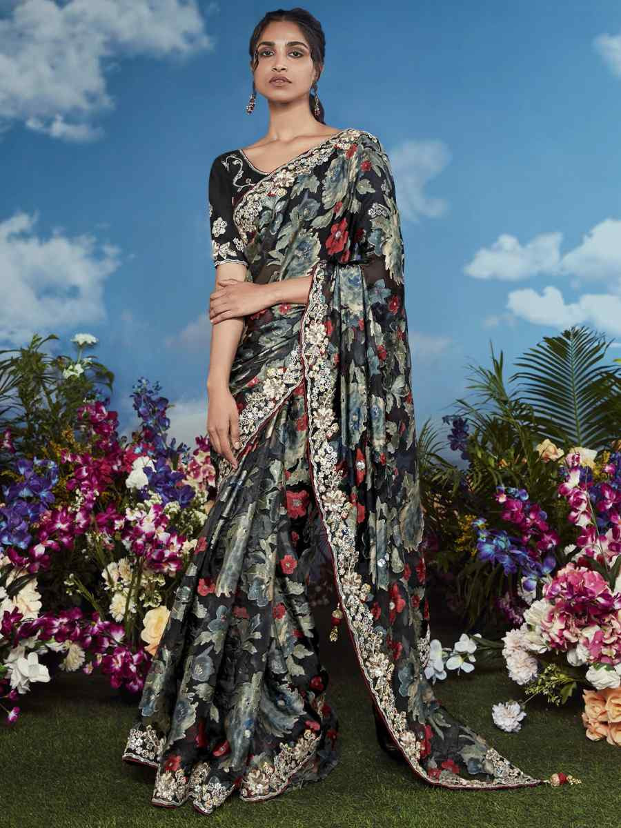 Black Organza Silk Embroidered Festival Wedding Heavy Border Saree