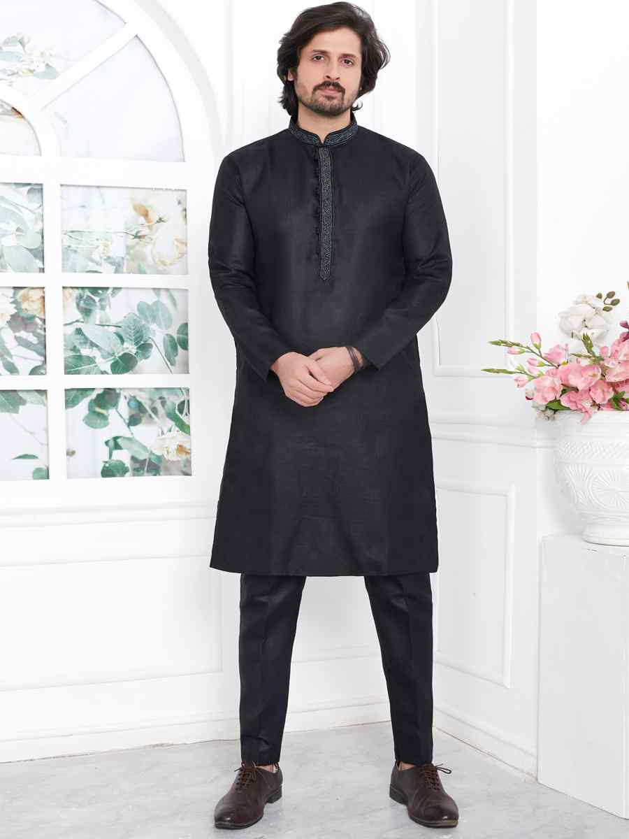 Black Premium Linen Cotton Plain Festival Casual Kurta