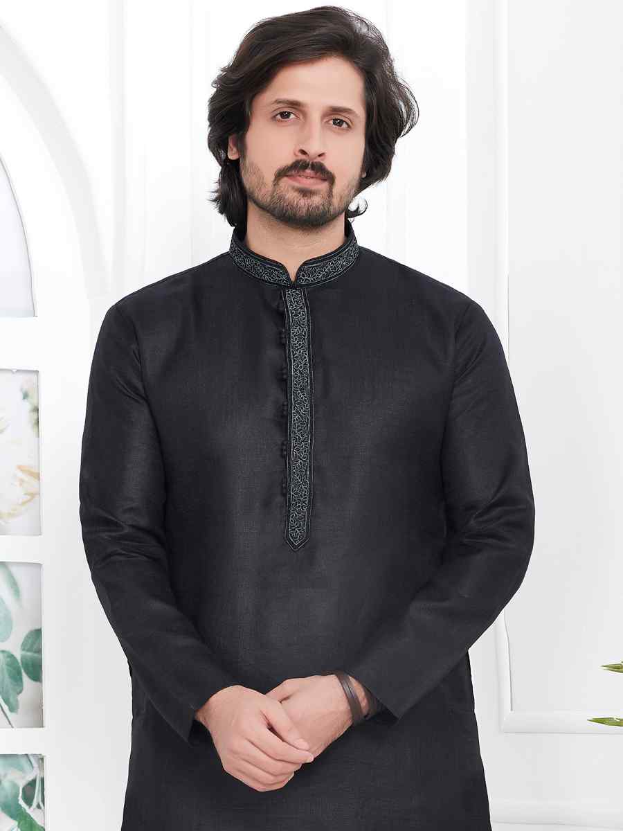 Black Premium Linen Cotton Plain Festival Casual Kurta