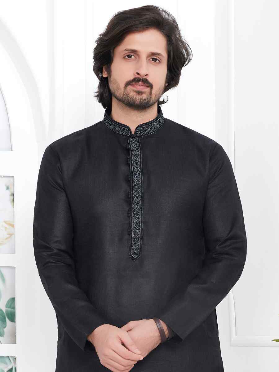 Black Premium Linen Cotton Plain Festival Casual Kurta