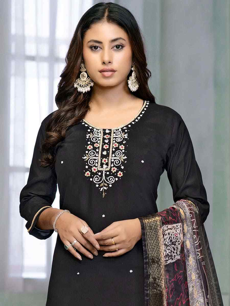 Black Premium Roman Cotton Embroidered Festival Casual Ready Pant Salwar Kameez