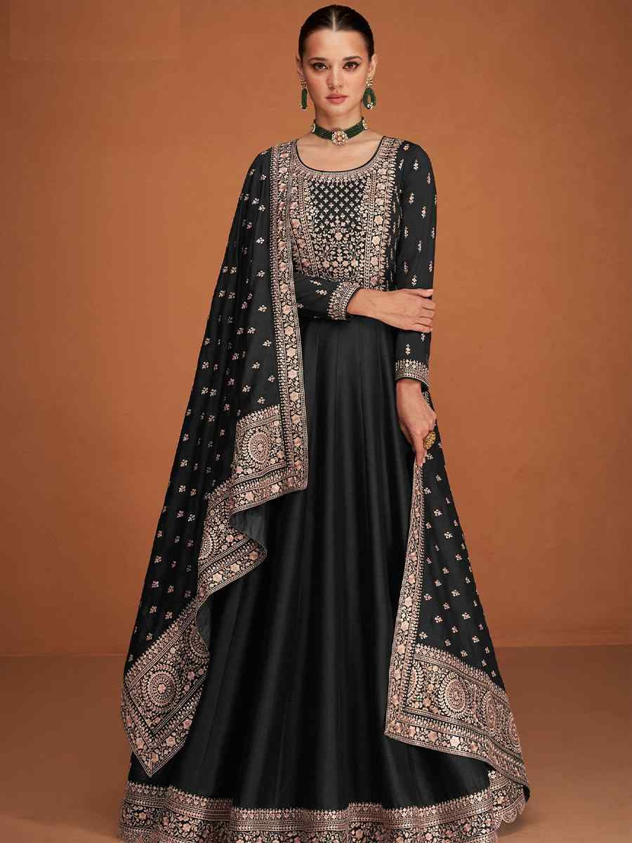 Black Premium Silk Embroidered Festival Wedding Anarkali Salwar Kameez