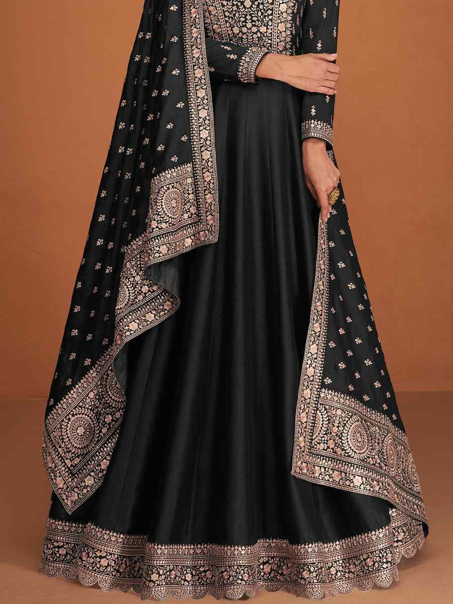 Black Premium Silk Embroidered Festival Wedding Anarkali Salwar Kameez