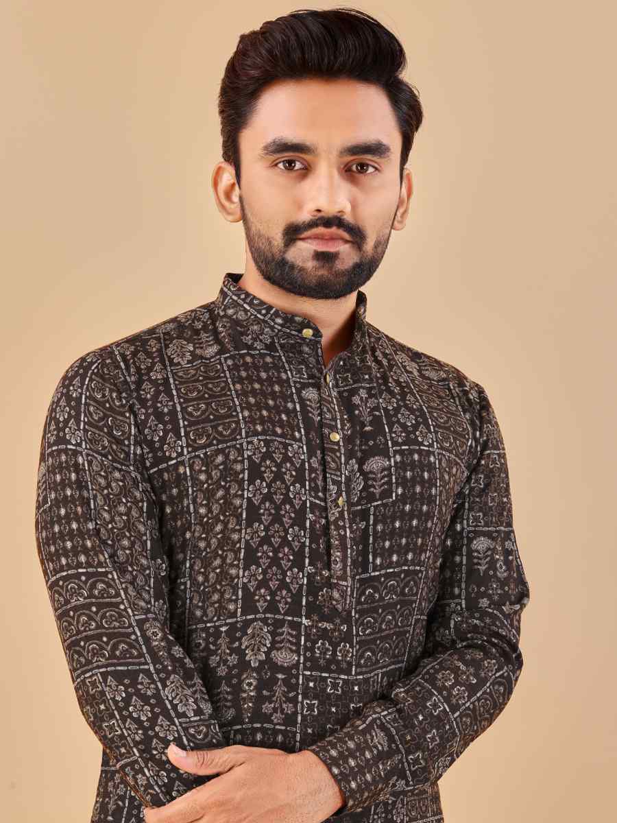 Black Premium Soft Cotton Printed Festival Casual Kurta