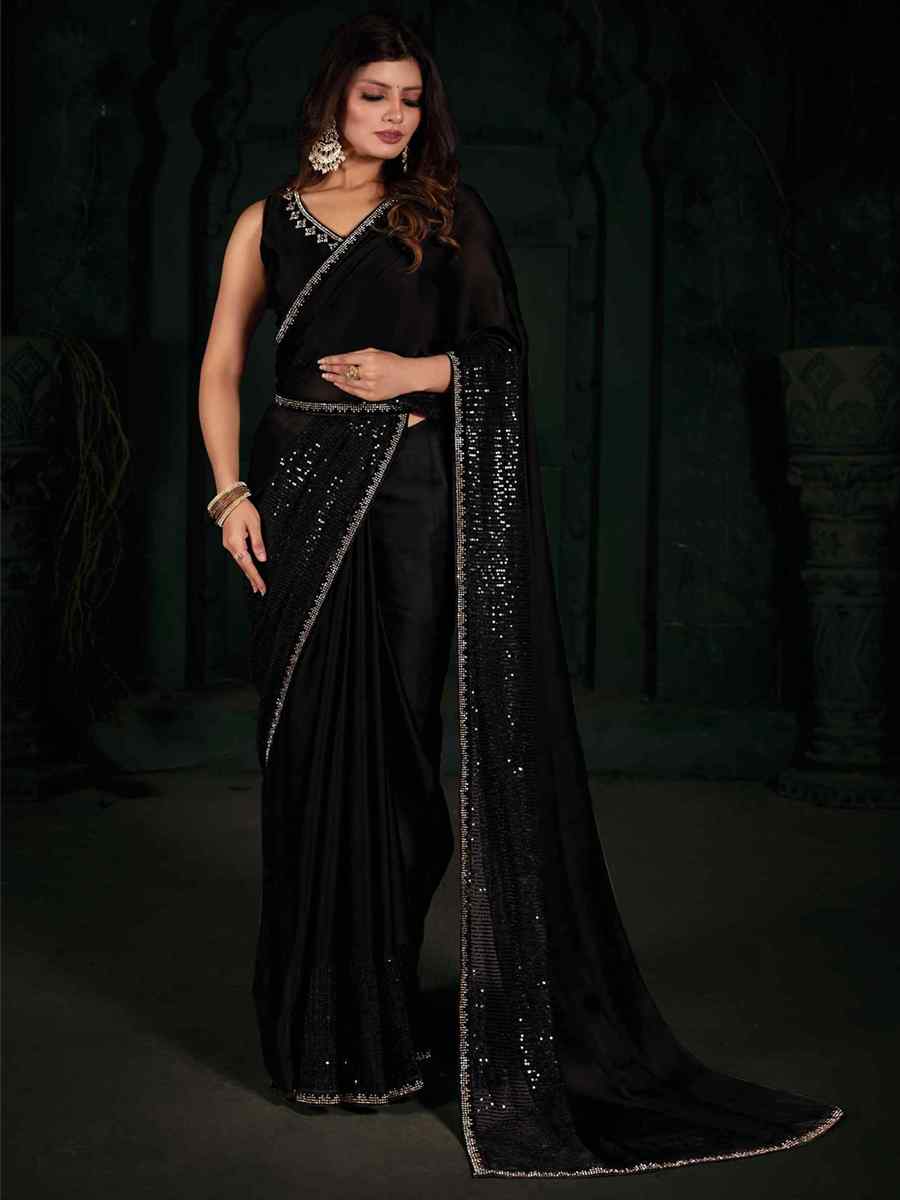 Black Pure Chiffon Silk Handwoven Wedding Festival Heavy Border Saree