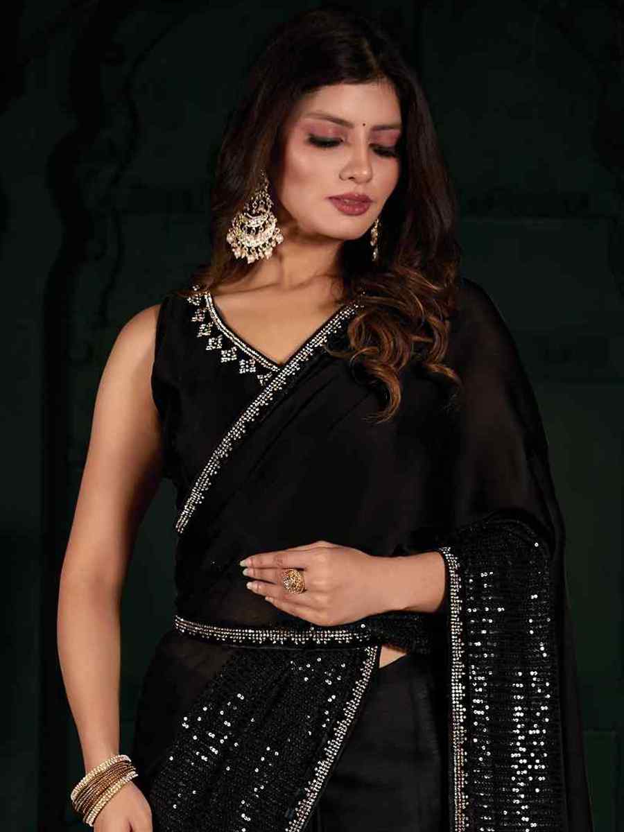 Black Pure Chiffon Silk Handwoven Wedding Festival Heavy Border Saree