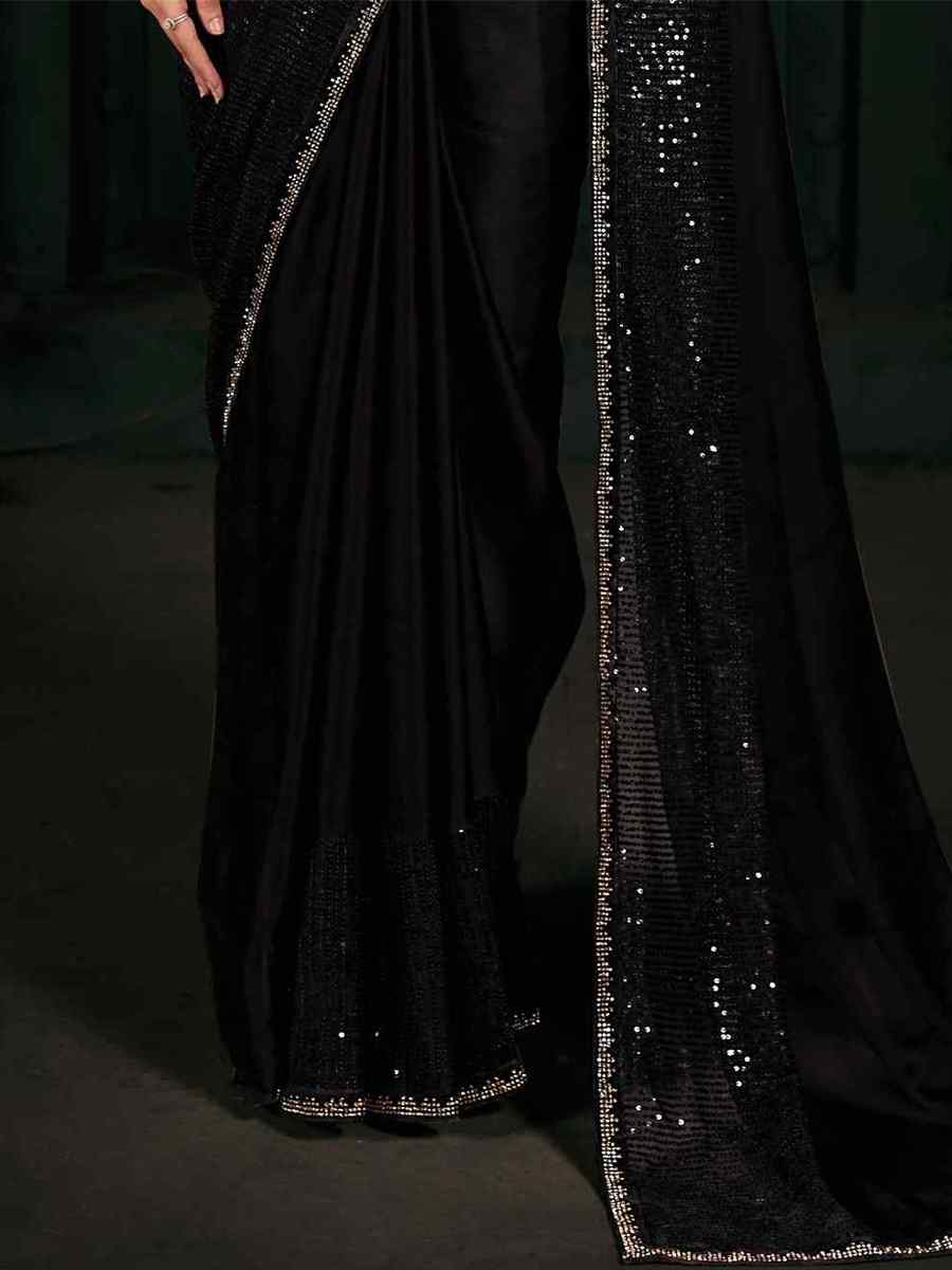 Black Pure Chiffon Silk Handwoven Wedding Festival Heavy Border Saree