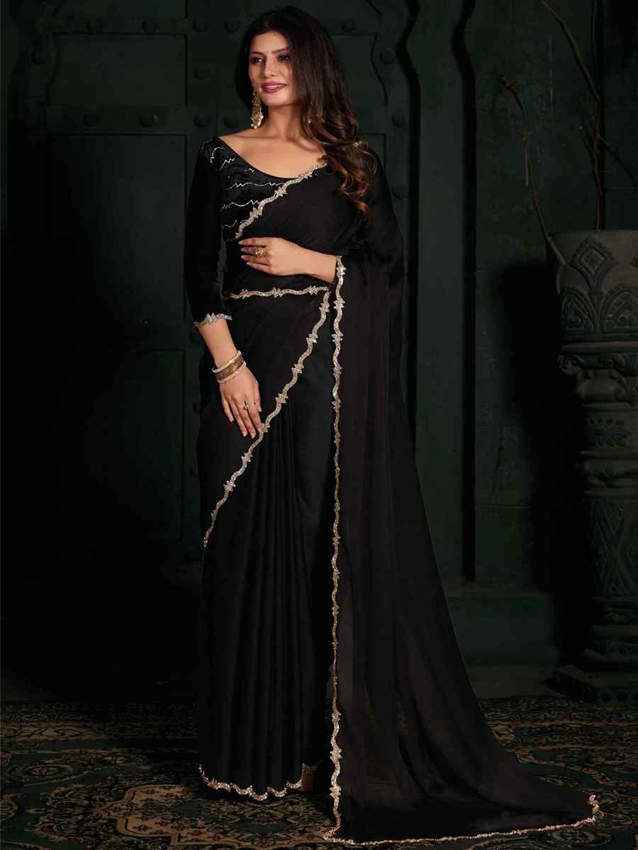 Black Pure Chiffon Silk Handwoven Wedding Festival Heavy Border Saree