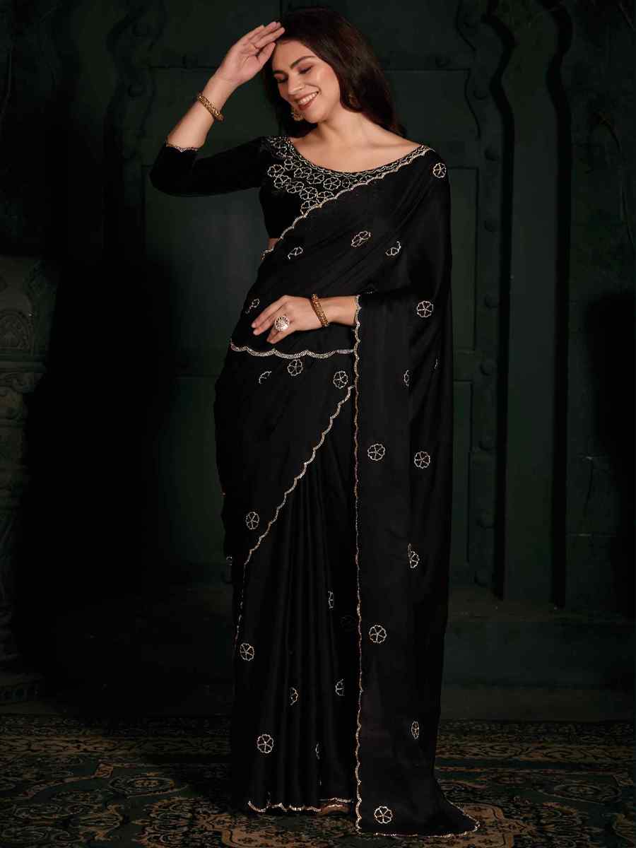 Black Pure Chiffon Silk Handwoven Wedding Festival Heavy Border Saree