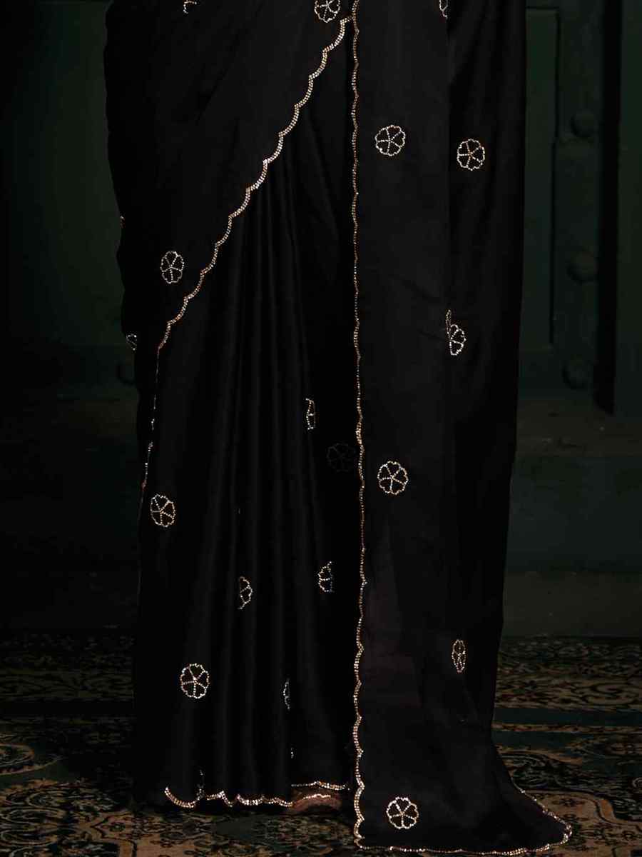 Black Pure Chiffon Silk Handwoven Wedding Festival Heavy Border Saree