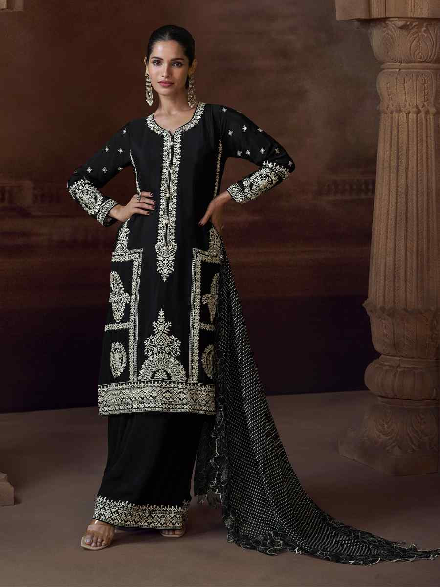 Black Pure Chinon Silk Embroidered Festival Casual Palazzo Pant Salwar Kameez