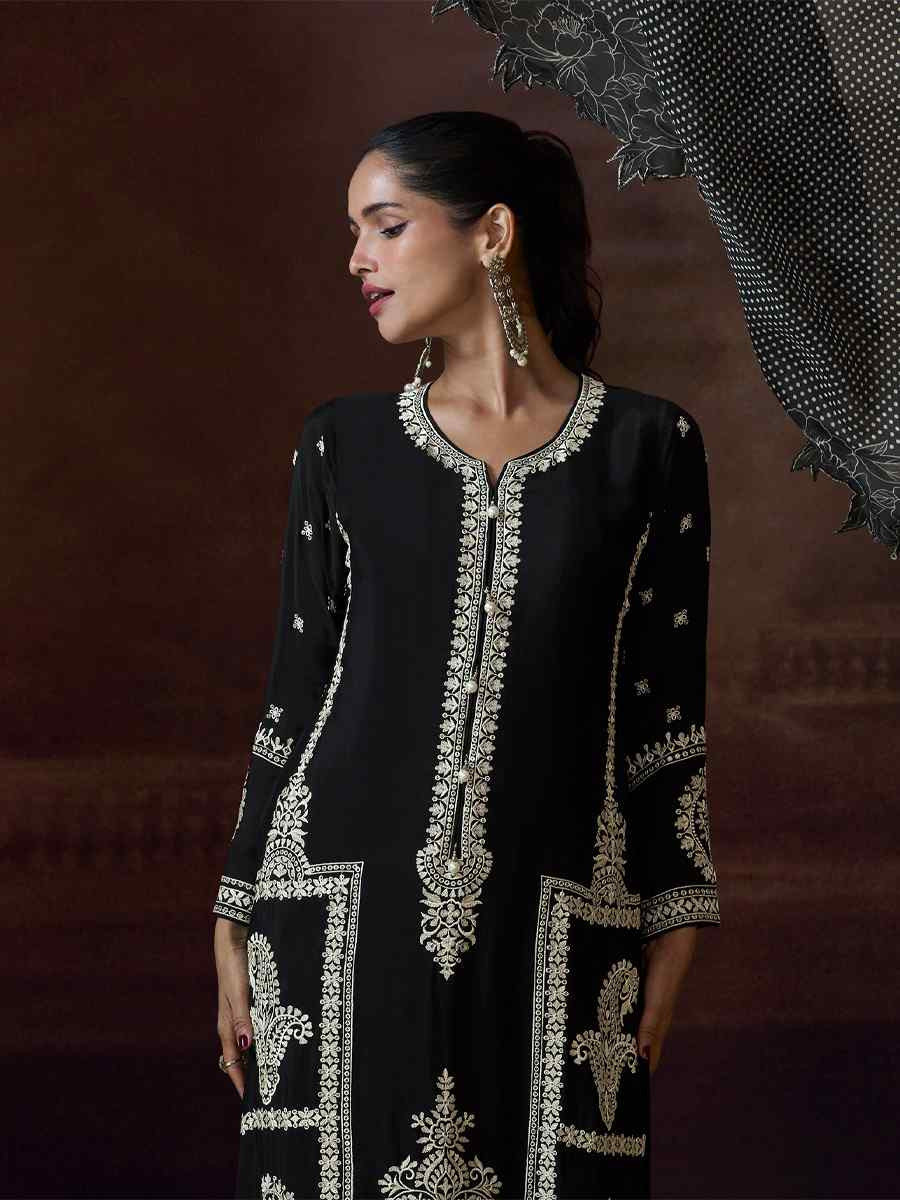 Black Pure Chinon Silk Embroidered Festival Casual Palazzo Pant Salwar Kameez