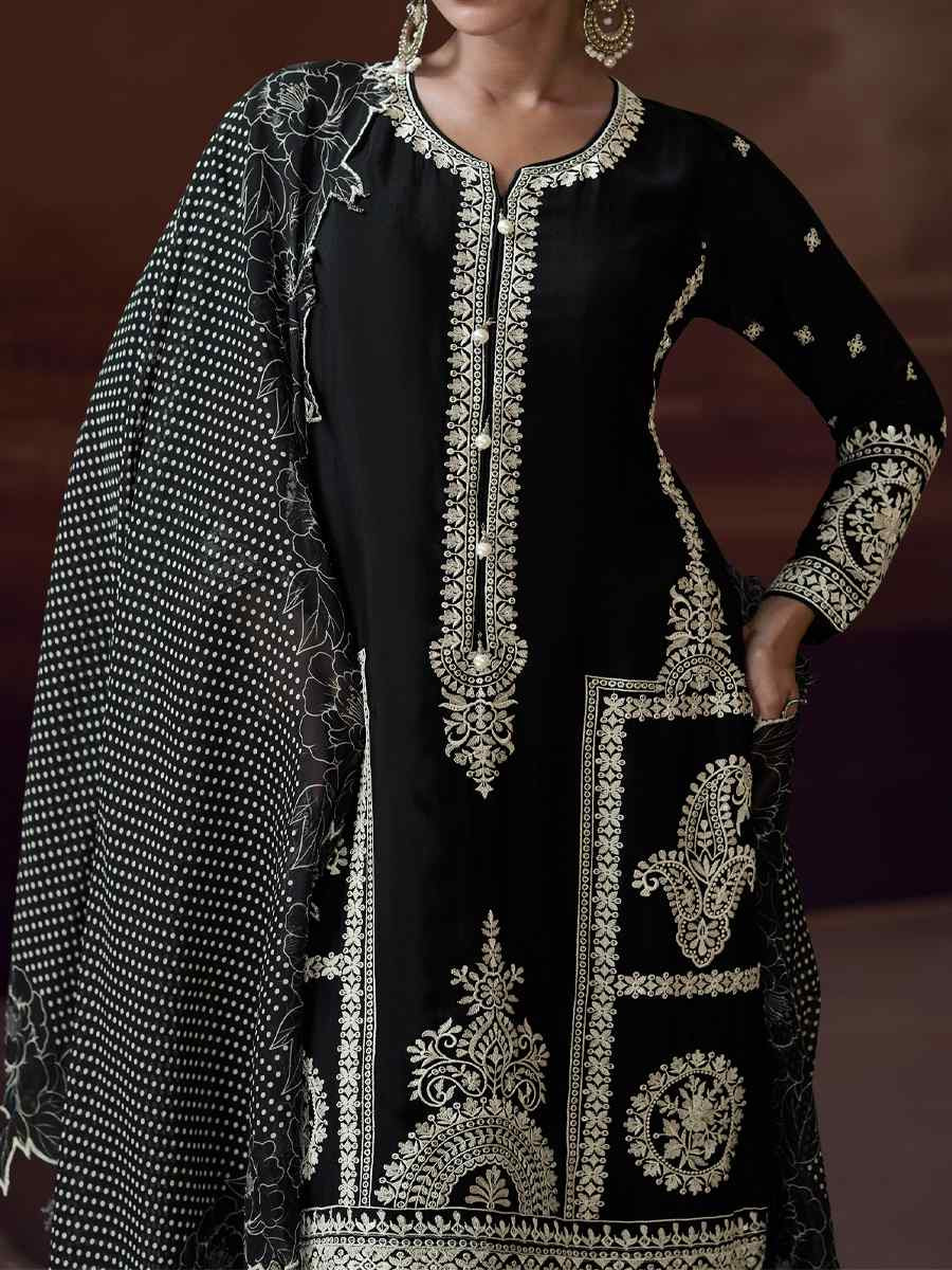 Black Pure Chinon Silk Embroidered Festival Casual Palazzo Pant Salwar Kameez