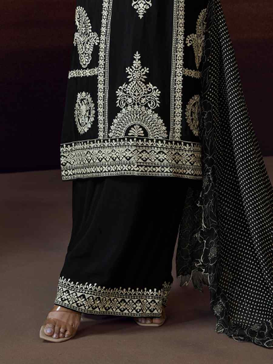 Black Pure Chinon Silk Embroidered Festival Casual Palazzo Pant Salwar Kameez