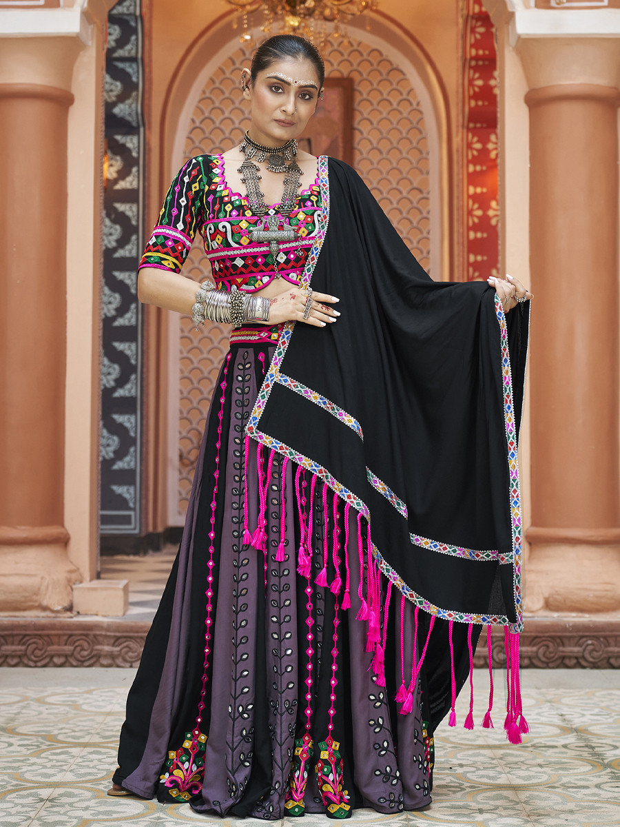 Black Pure Cotton Embroidered Festival Mehendi Circular Lehenga Choli