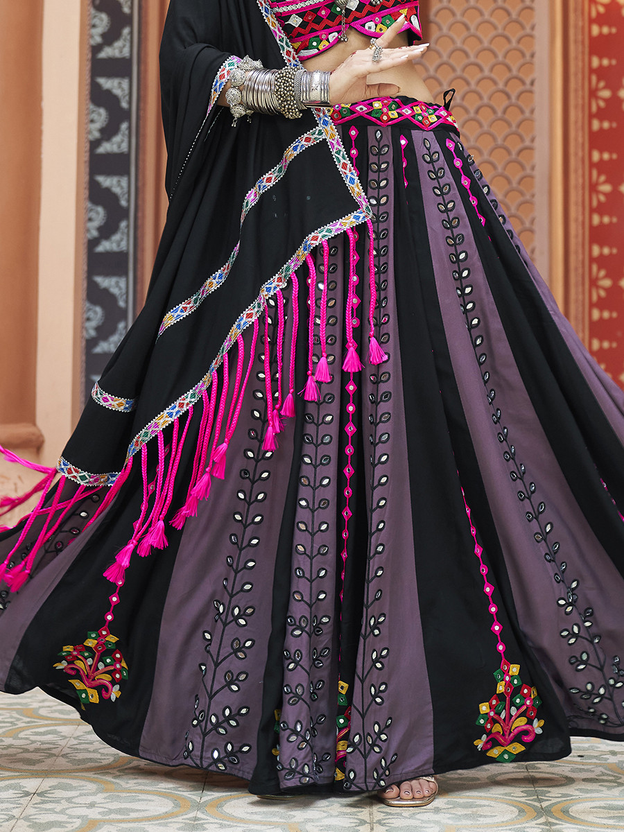 Black Pure Cotton Embroidered Festival Mehendi Circular Lehenga Choli