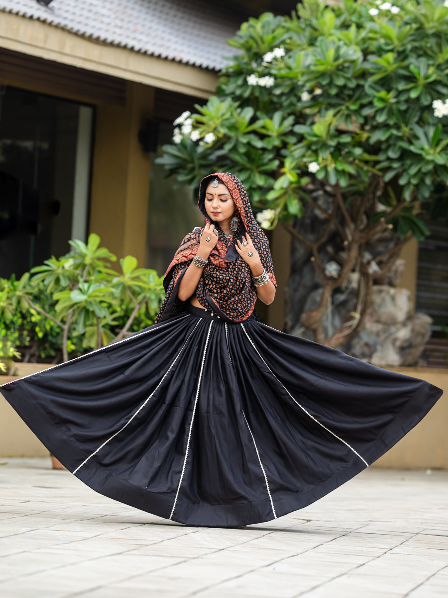 Black Pure Cotton Printed Festival Festival Circular Lehenga Choli