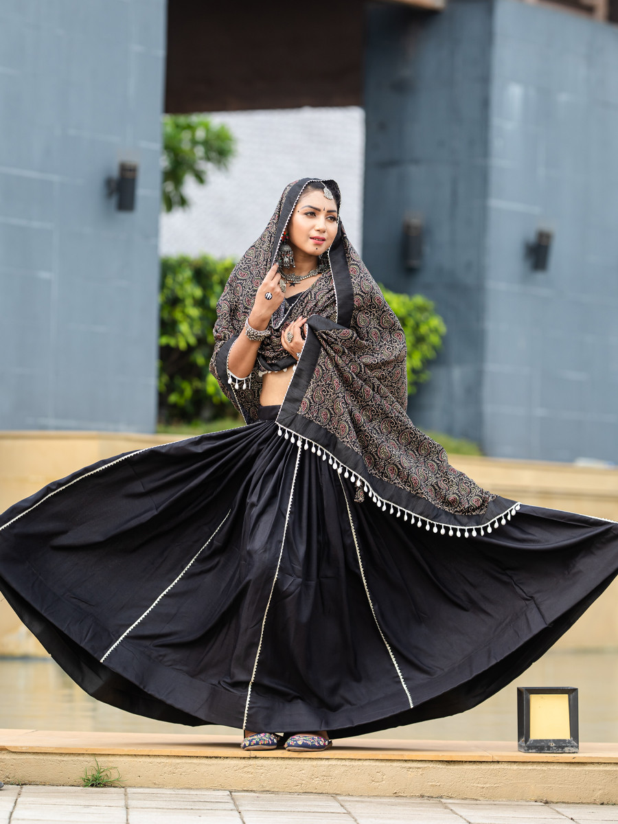 Black Pure Cotton Printed Festival Festival Circular Lehenga Choli