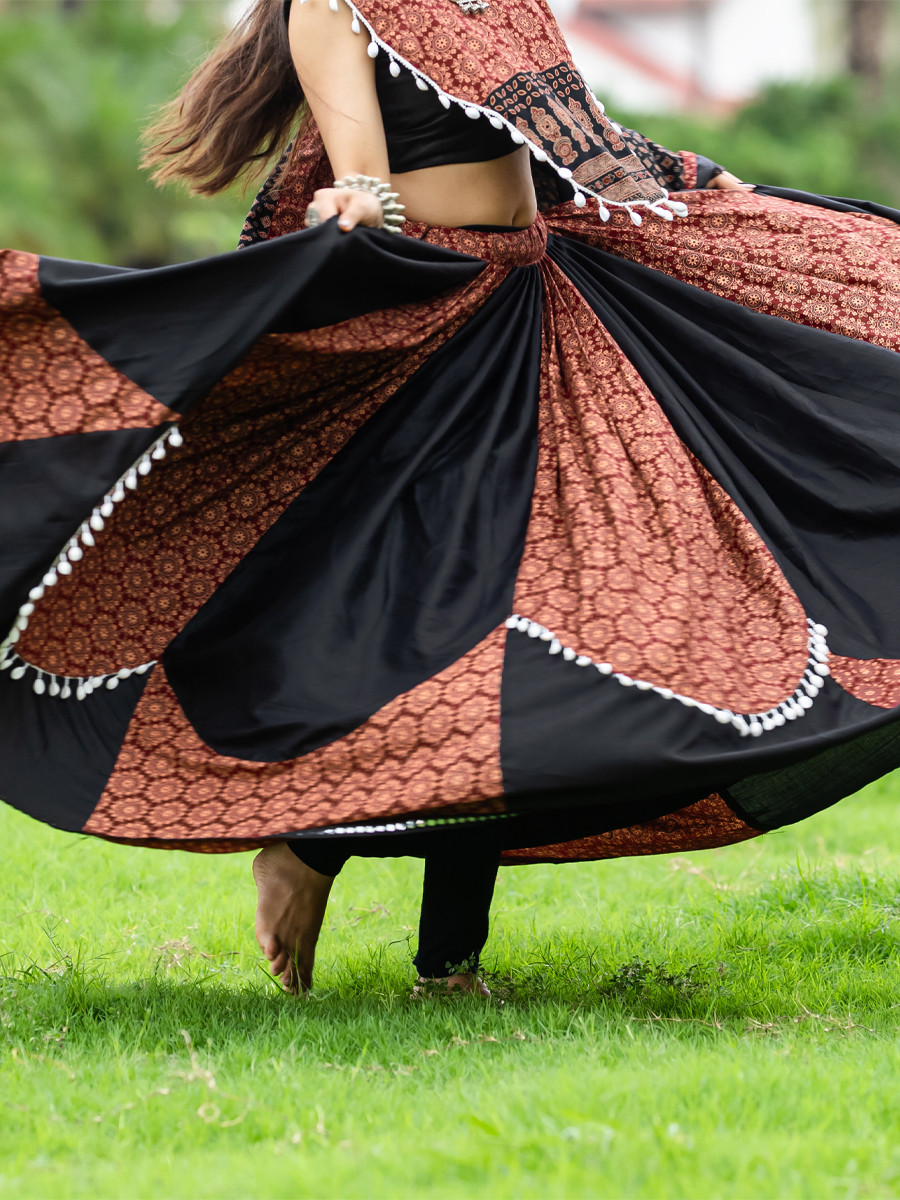 Black Pure Cotton Printed Festival Festival Circular Lehenga Choli