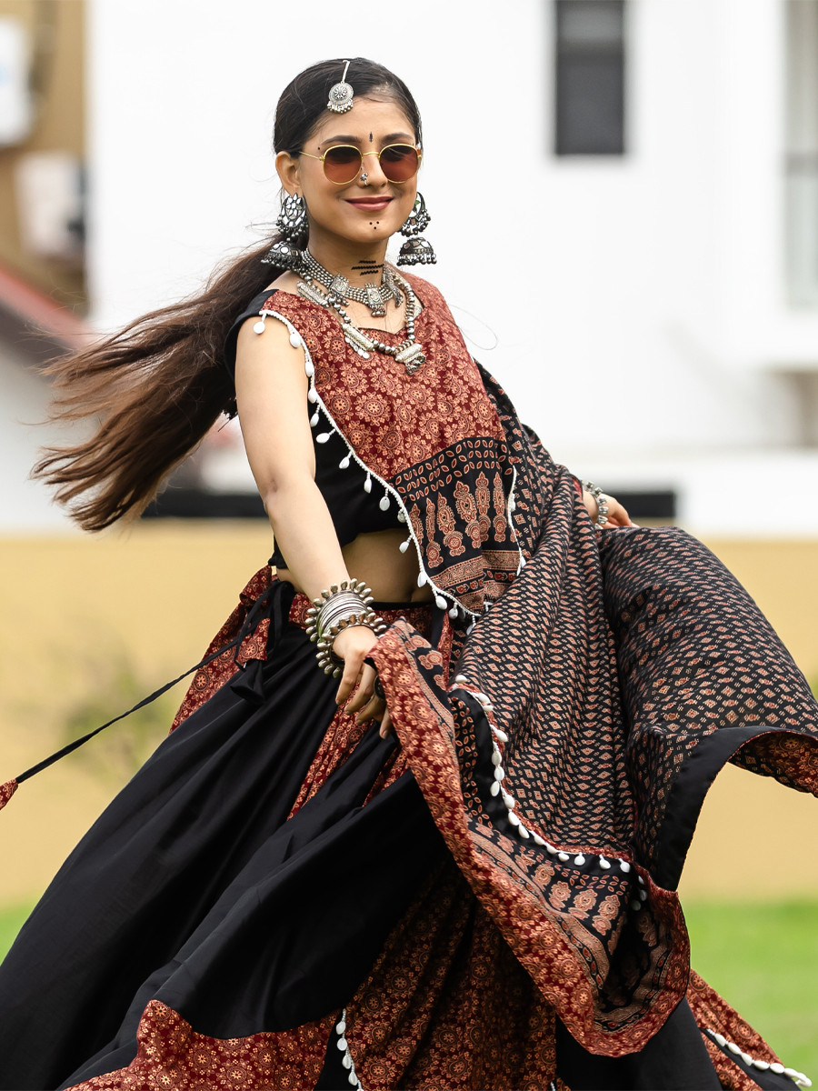 Black Pure Cotton Printed Festival Festival Circular Lehenga Choli