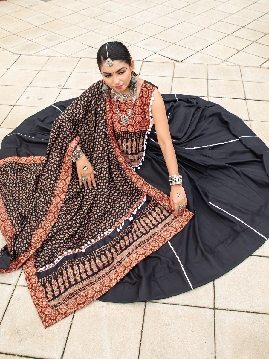 Black Pure Cotton Printed Festival Festival Circular Lehenga Choli