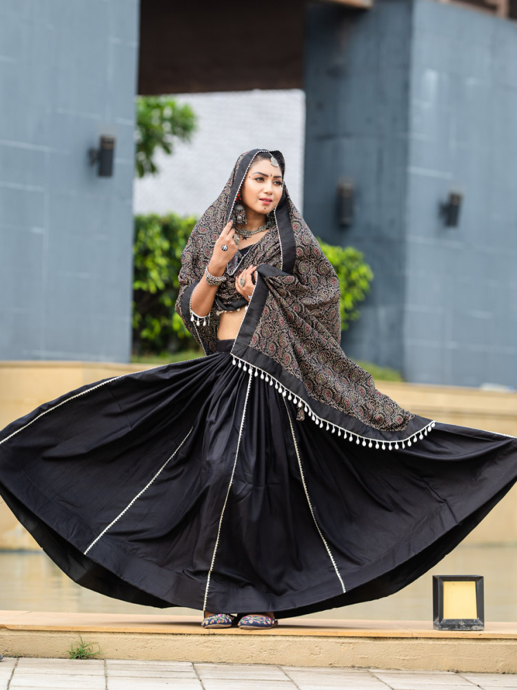 Black Pure Cotton Printed Festival Festival Circular Lehenga Choli