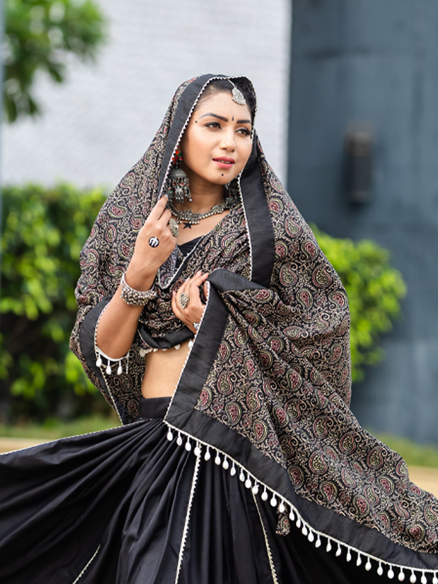 Black Pure Cotton Printed Festival Festival Circular Lehenga Choli