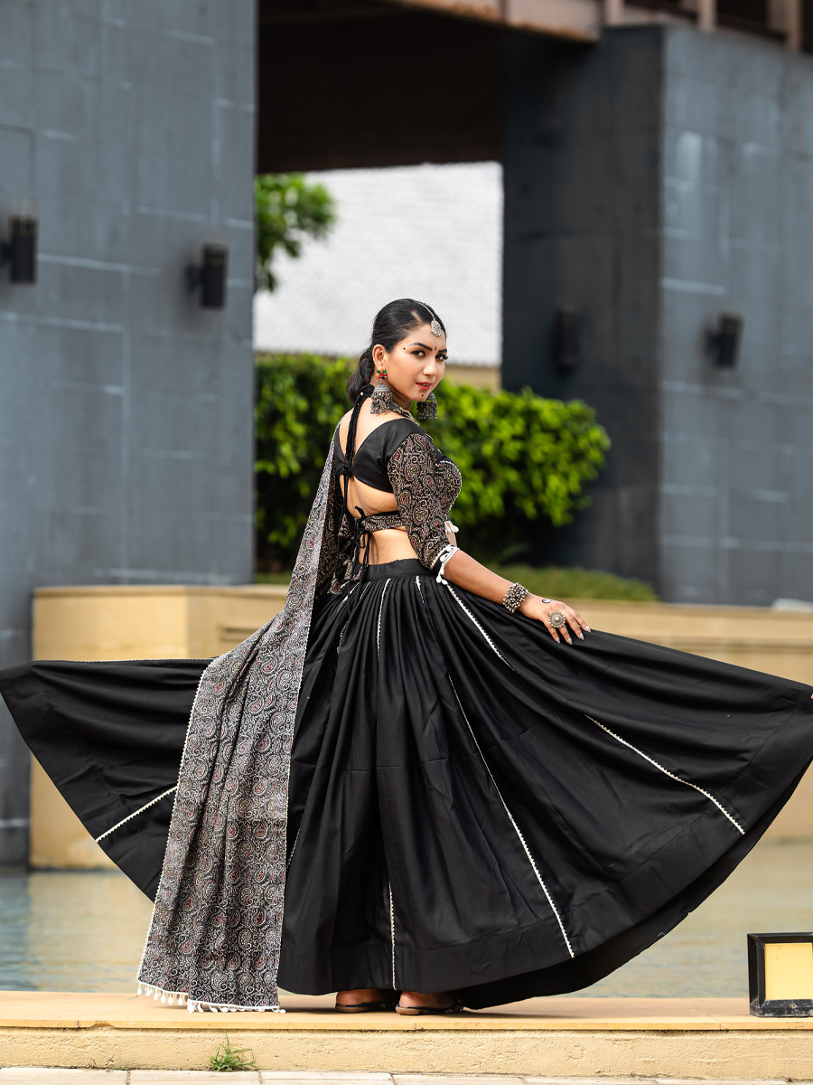 Black Pure Cotton Printed Festival Festival Circular Lehenga Choli