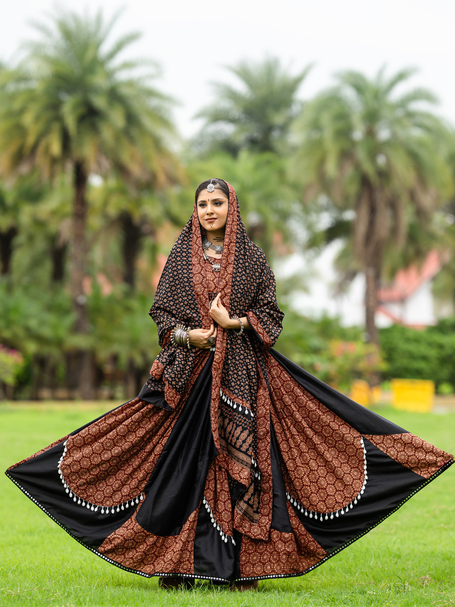 Black Pure Cotton Printed Festival Festival Circular Lehenga Choli