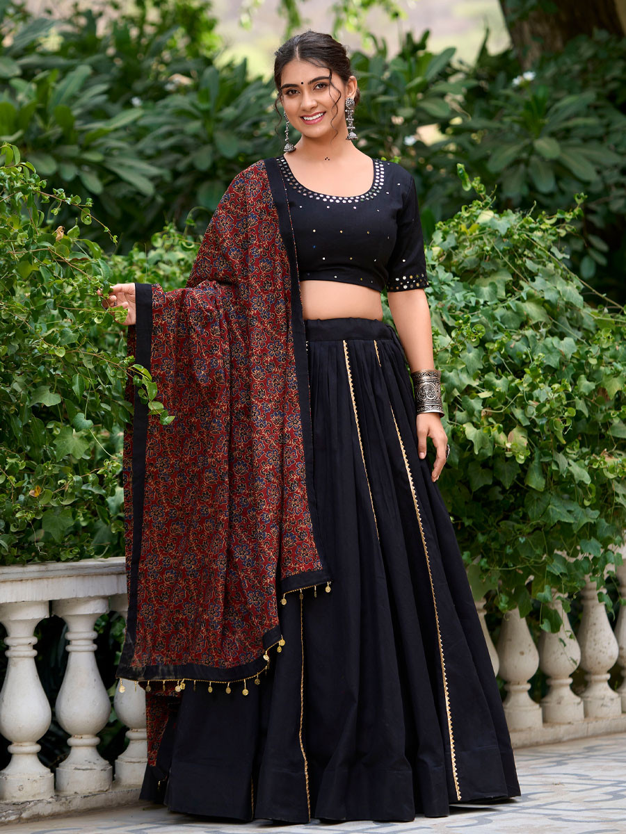 Black Pure Cotton Printed Festival Mehendi Circular Lehenga Choli