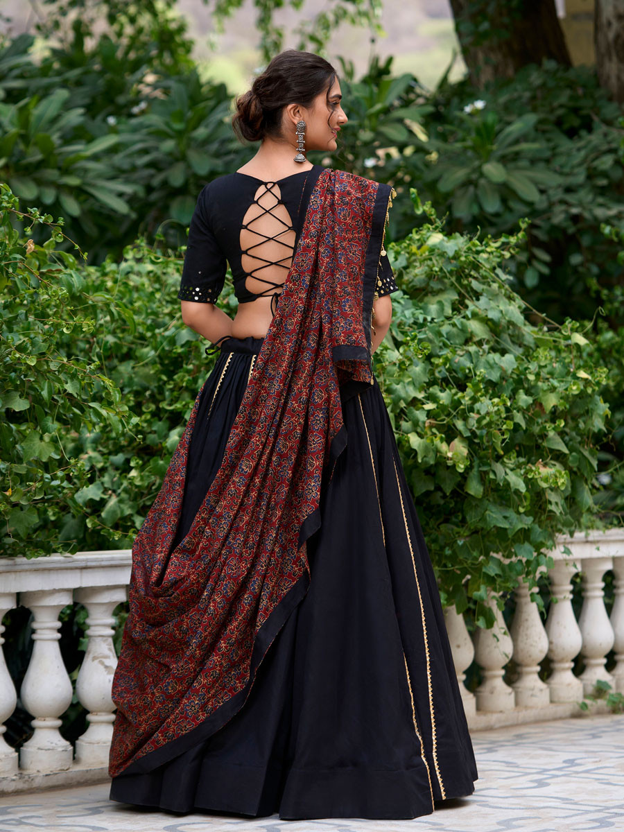 Black Pure Cotton Printed Festival Mehendi Circular Lehenga Choli