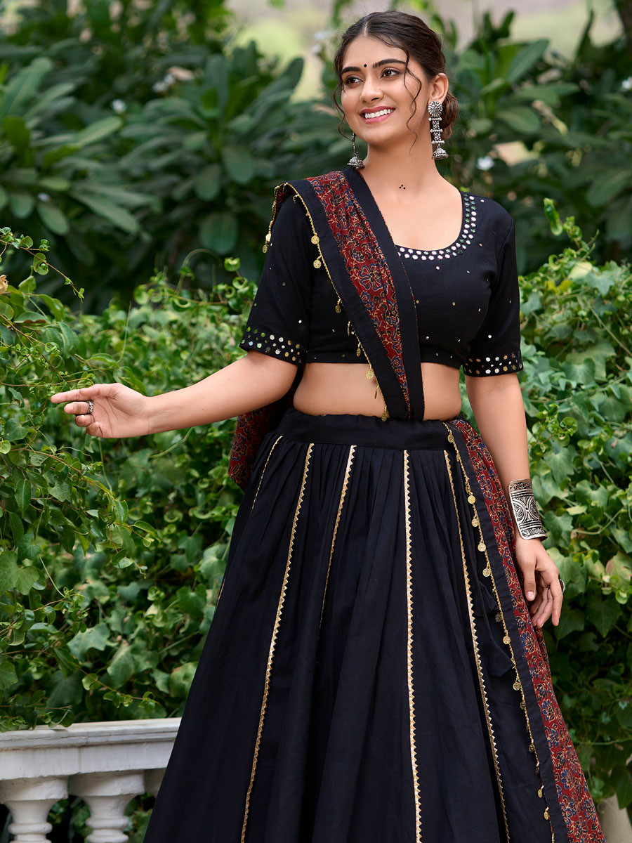 Black Pure Cotton Printed Festival Mehendi Circular Lehenga Choli