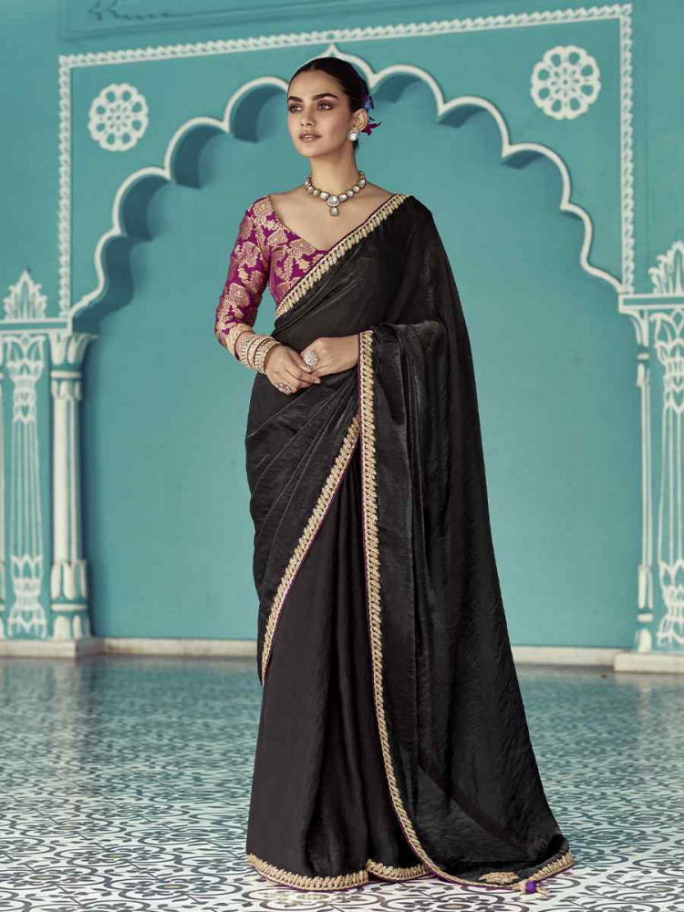 Black Pure fancy Silk Embroidered Bridesmaid Reception Heavy Border Saree