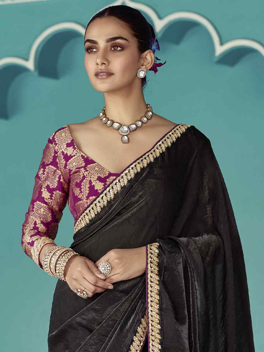 Black Pure fancy Silk Embroidered Bridesmaid Reception Heavy Border Saree