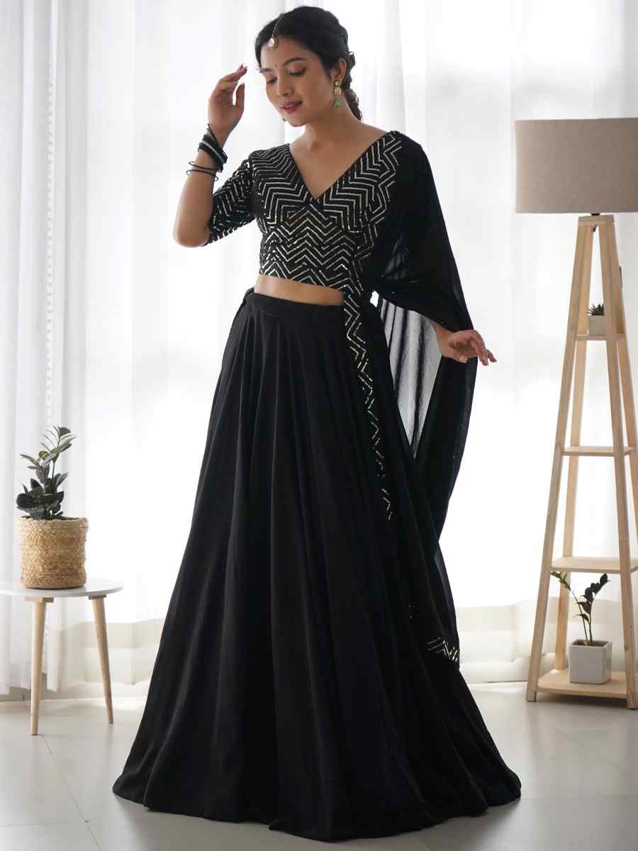 Black Pure Faux Georgette Embroidered Festival Mehendi Circular Lehenga Choli