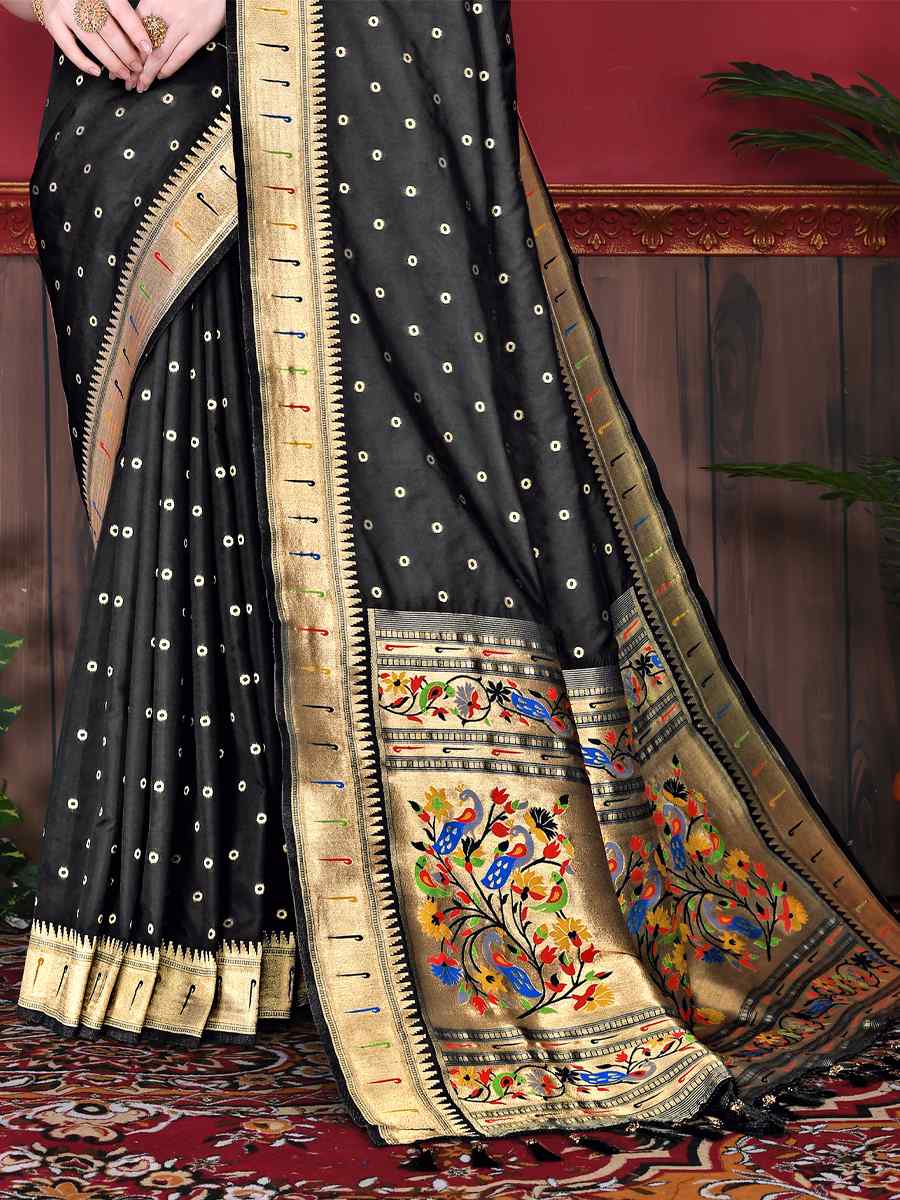 Black Pure Lichi Silk Handwoven Wedding Festival Heavy Border Saree