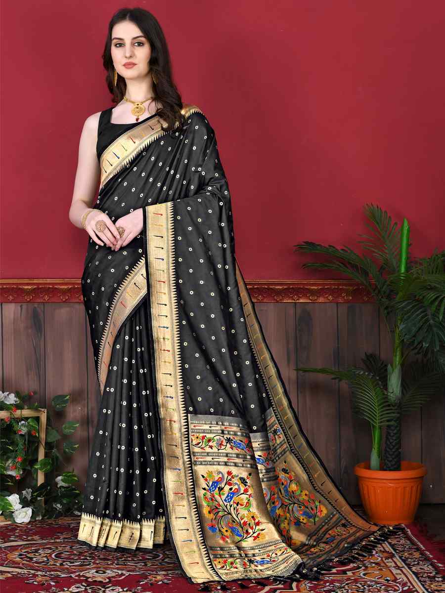 Black Pure Lichi Silk Handwoven Wedding Festival Heavy Border Saree