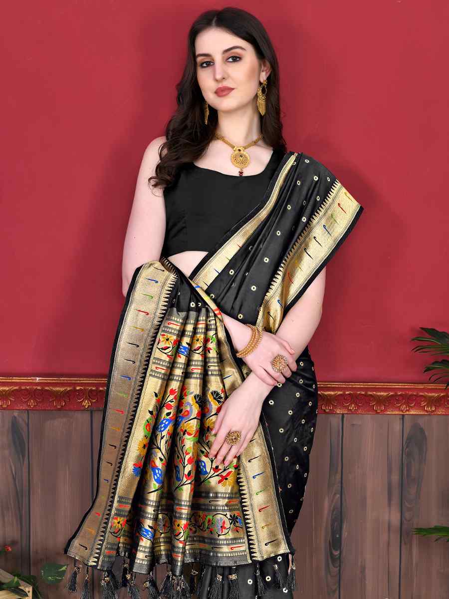 Black Pure Lichi Silk Handwoven Wedding Festival Heavy Border Saree