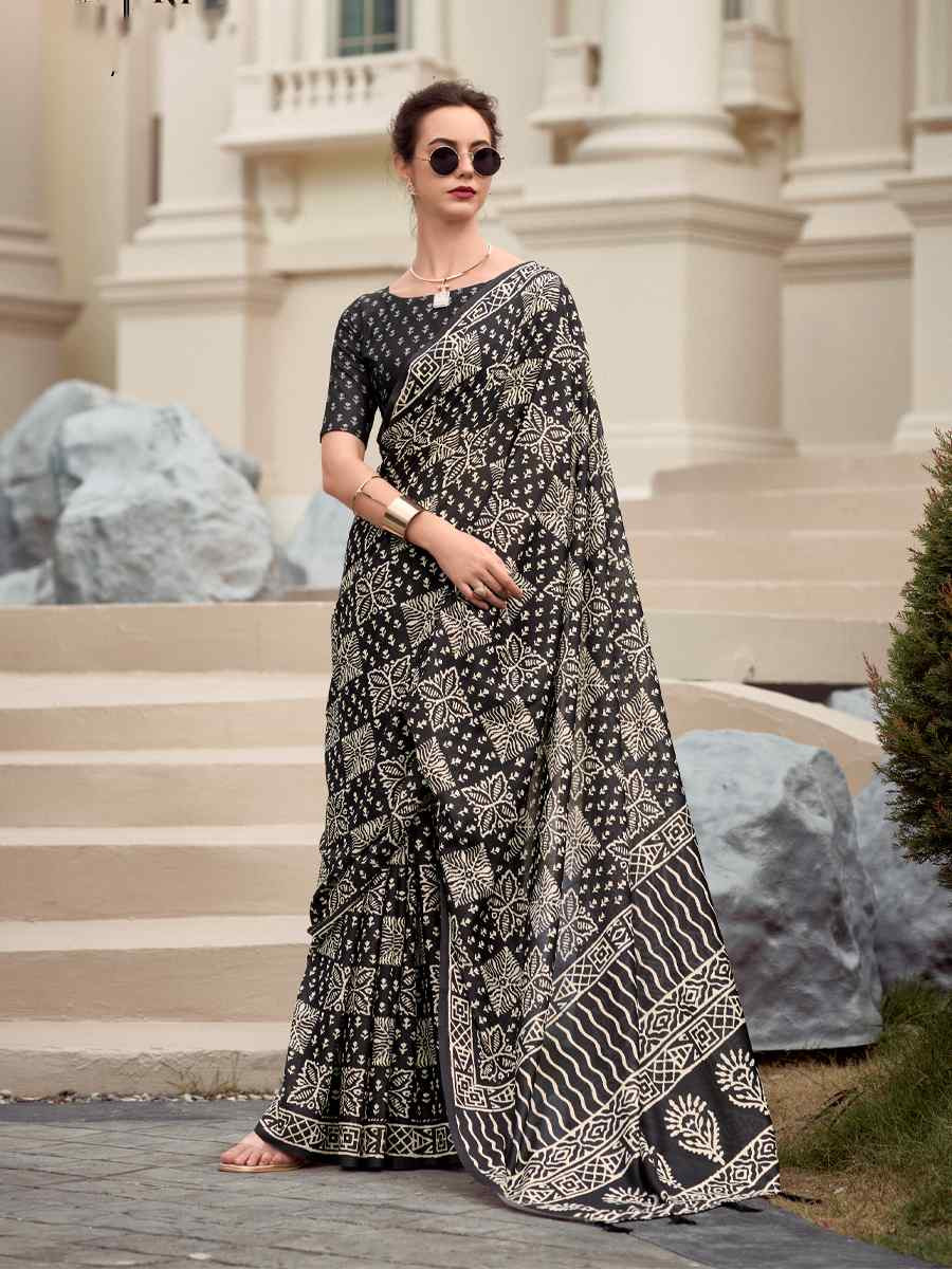 Black Pure Mal Mal Silk Printed Festival Casual Contemporary Saree