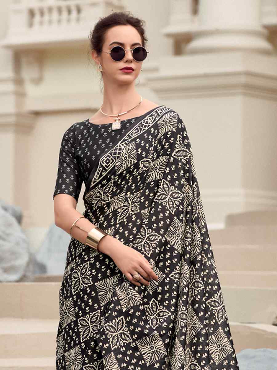 Black Pure Mal Mal Silk Printed Festival Casual Contemporary Saree