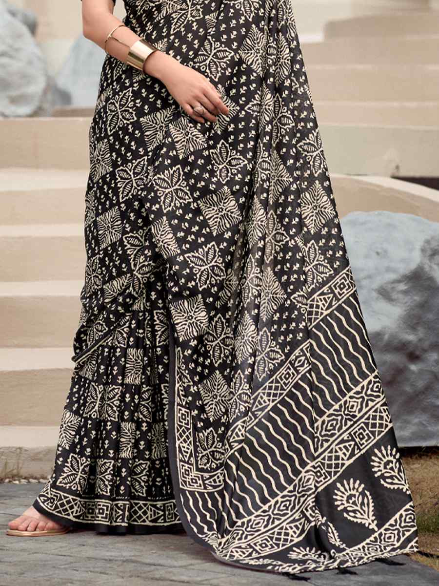 Black Pure Mal Mal Silk Printed Festival Casual Contemporary Saree