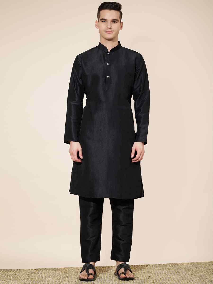 Black Pure Silk Plain Festival Casual Kurta