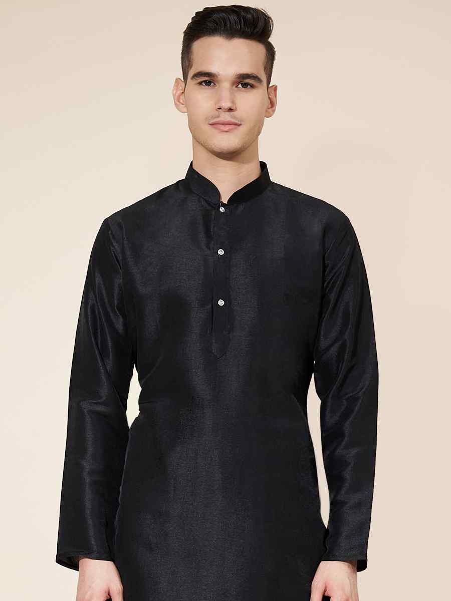 Black Pure Silk Plain Festival Casual Kurta