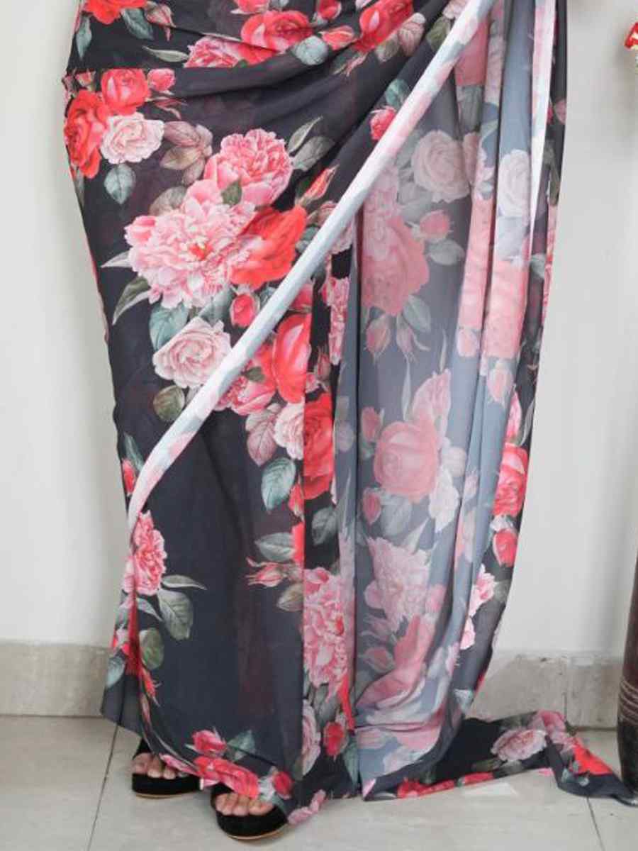 Black Pure Soft Georgette Silk Handwoven Festival Wedding Heavy Border Saree