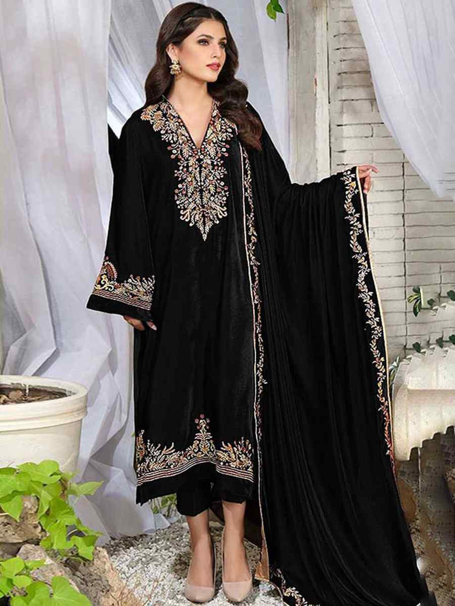 Black Pure Viscos Velvet Embroidered Festival Wedding Pant Salwar Kameez