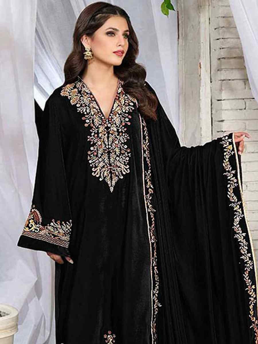 Black Pure Viscos Velvet Embroidered Festival Wedding Pant Salwar Kameez