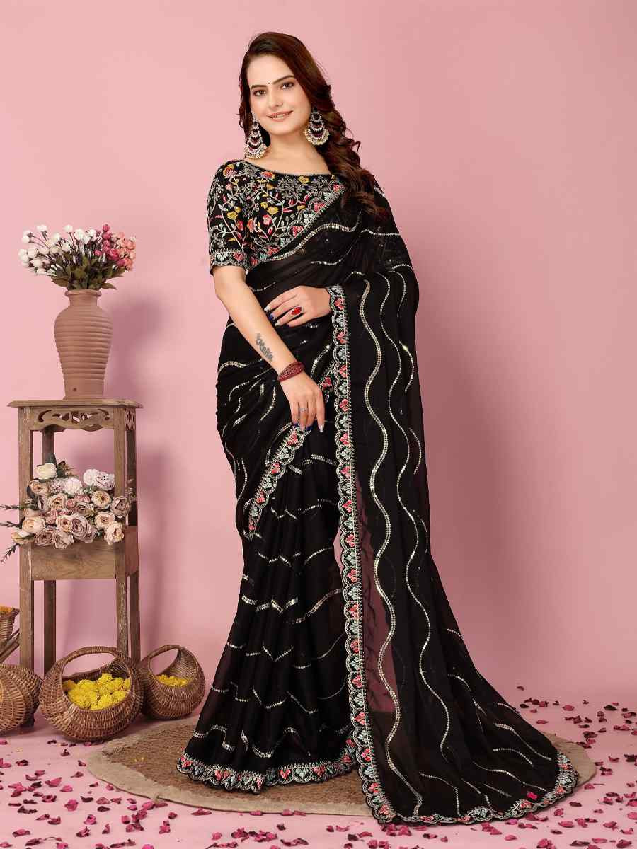 Black Rangoli Silk Embroidered Festival Party Classic Style Saree