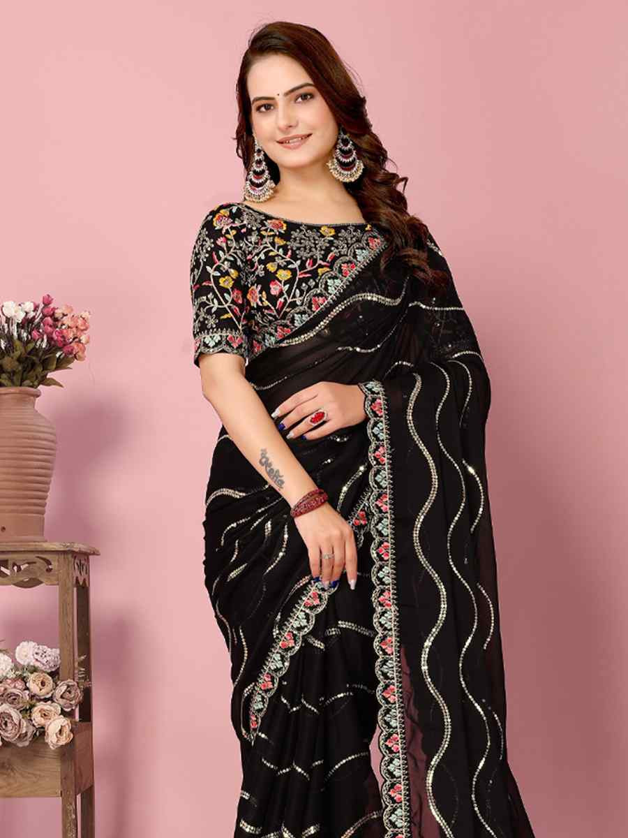 Black Rangoli Silk Embroidered Festival Party Classic Style Saree